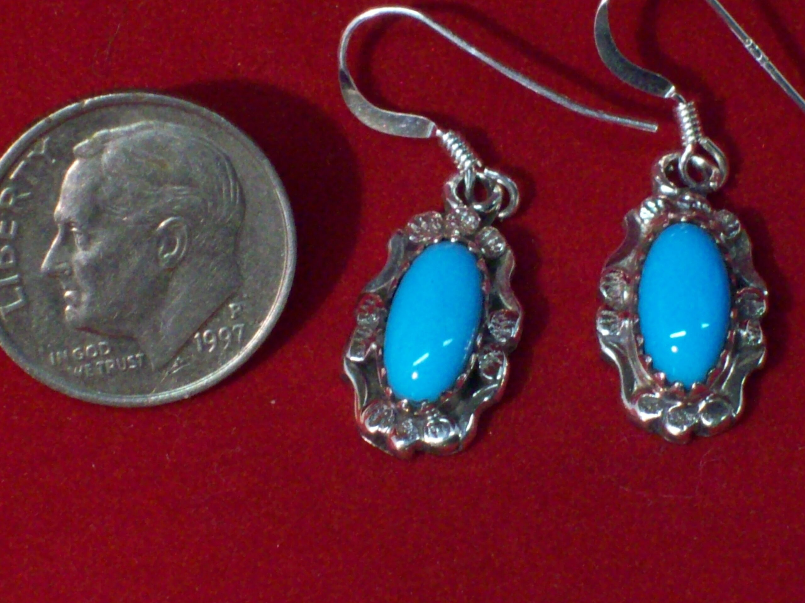 Navajo Made Sterling Silver and Turquoise Dangle Earrings - Image 2