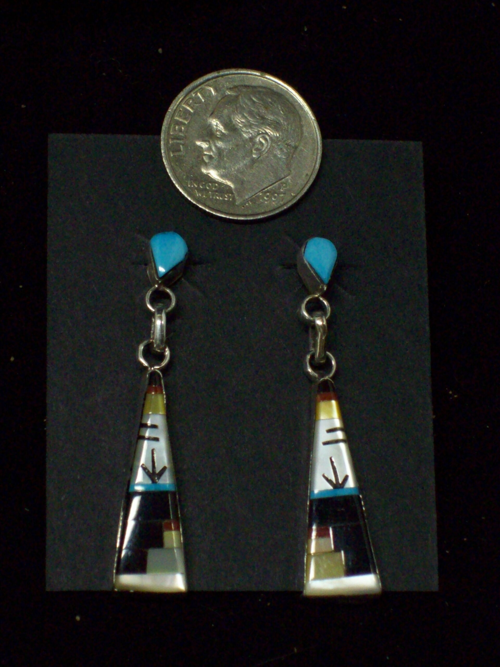 Zuni Inlaid Sterling Silver Post Dangle Earrings - Image 2