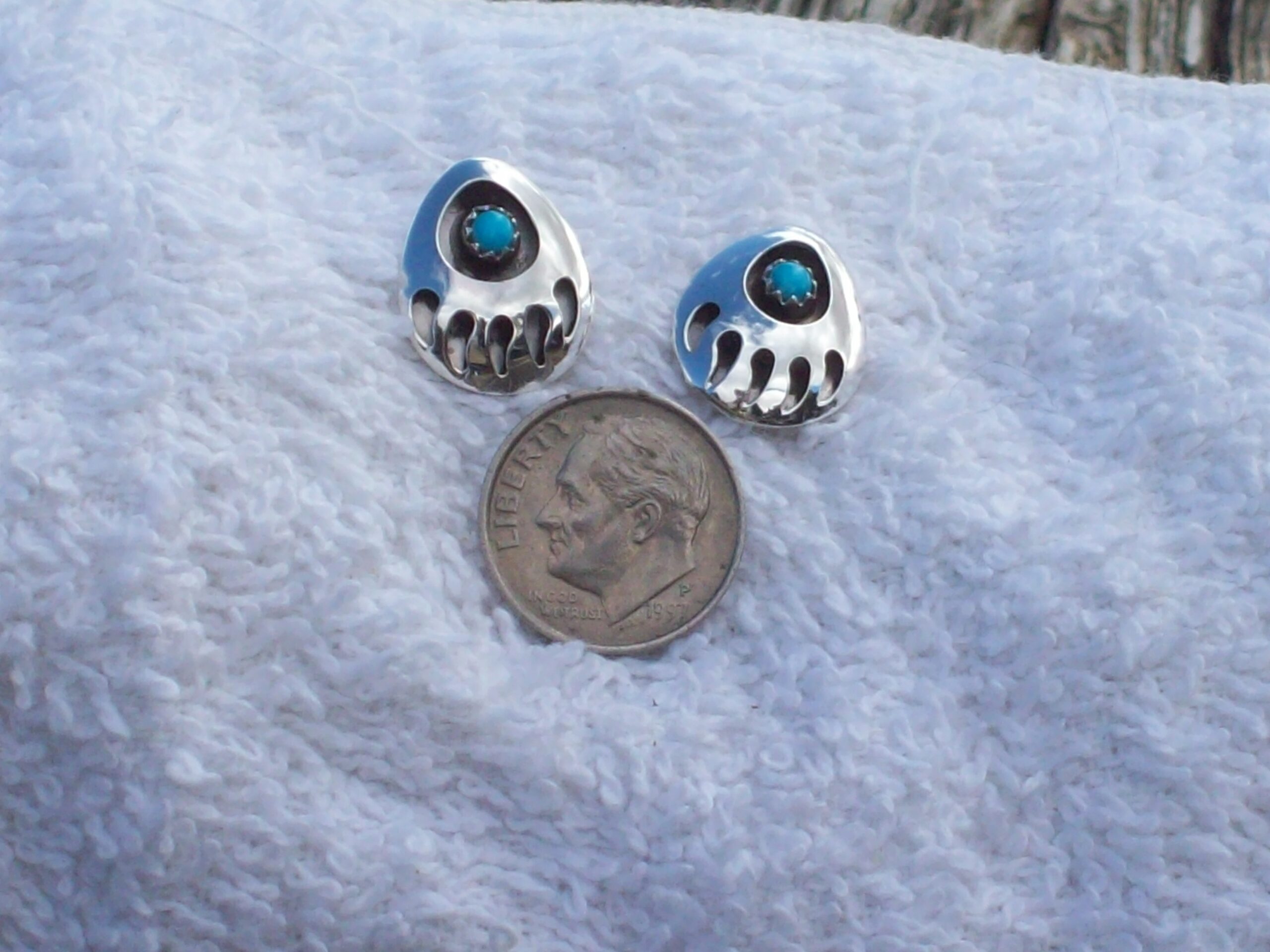 Sterling Silver Bear Paw and Turquoise Post Earring - Image 2
